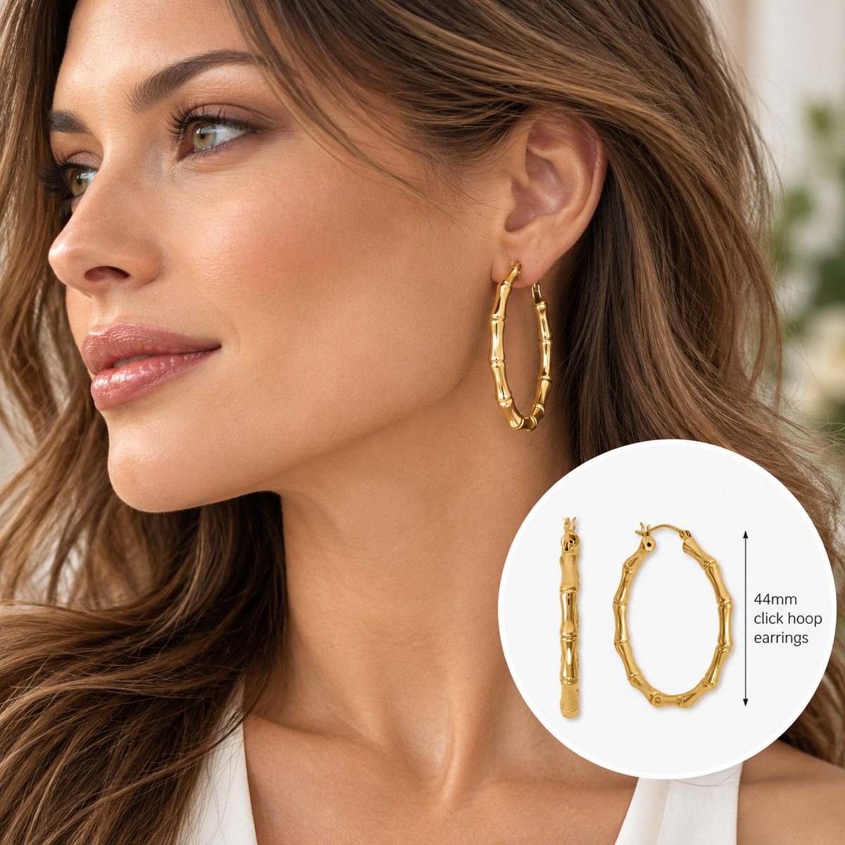 Bamboo Hoop Earrings 14K Gold Plated 925 Sterling Silver 44mm 3.7mm Wide