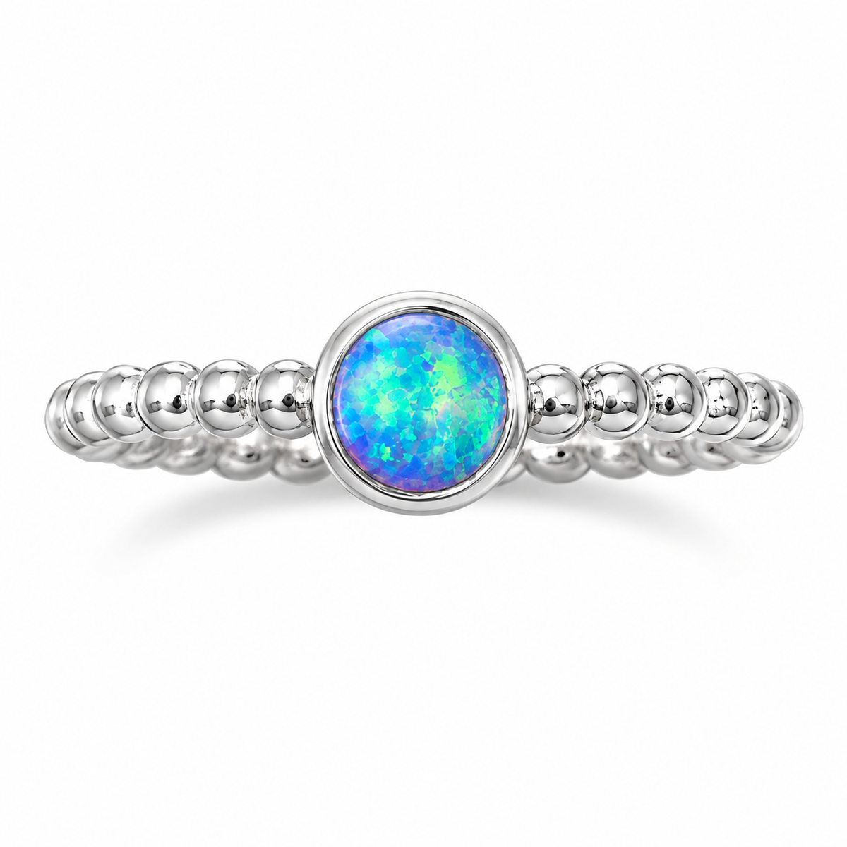 Round Synthetic Opal Ring 925 Sterling Silver Beaded Band 5mm 2mm