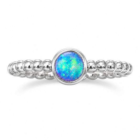 Round Synthetic Opal Ring 925 Sterling Silver Beaded Band 5mm 2mm