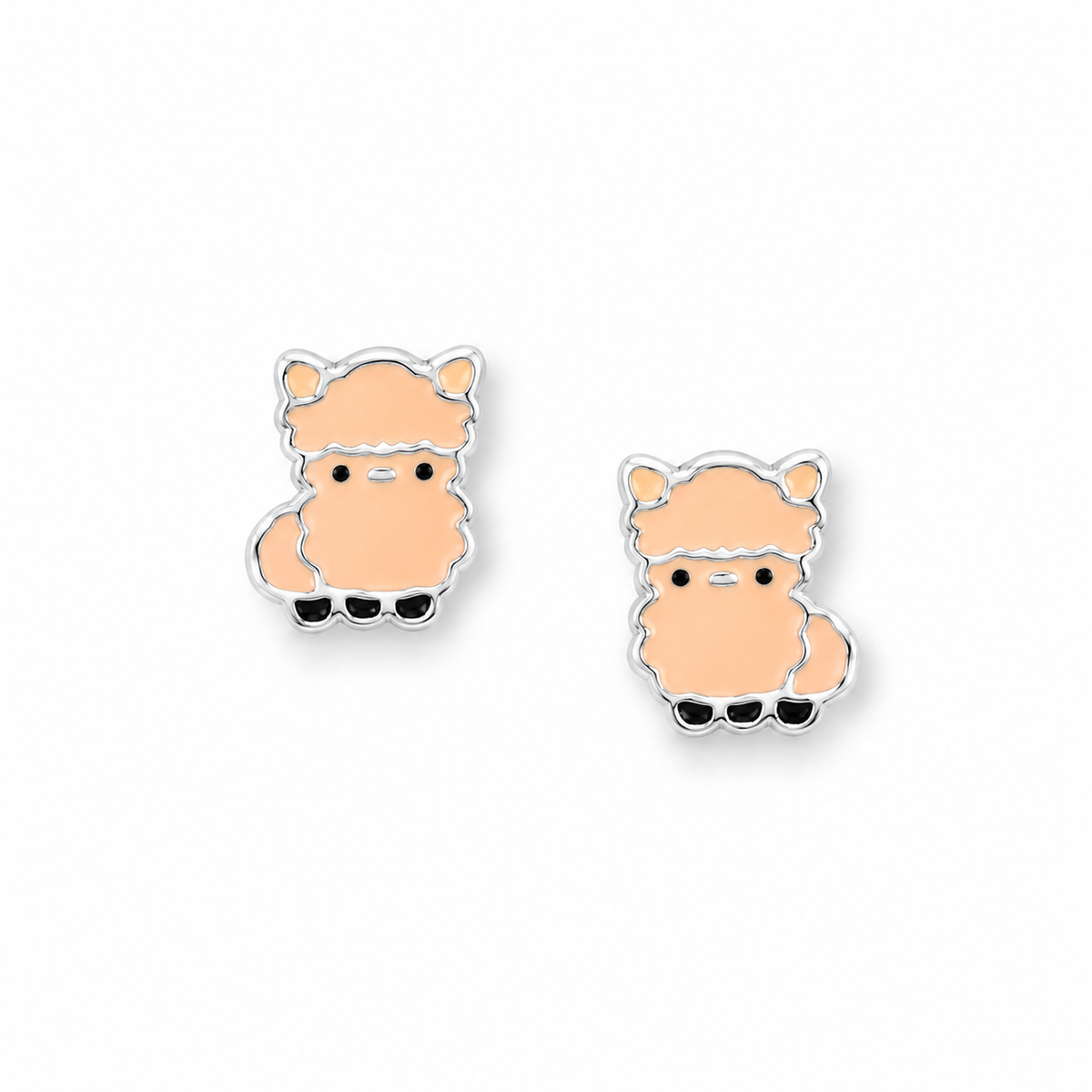 Llama Enamel Stud Earrings Peach Black 925 Sterling Silver 8mm