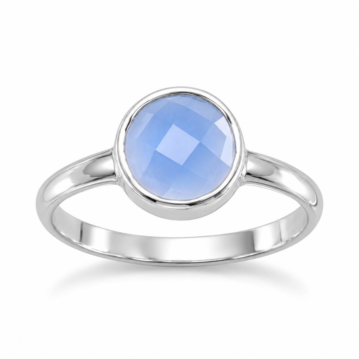 Faceted Blue Chalcedony Ring 925 Sterling Silver 8mm Round
