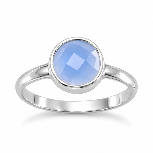 Faceted Blue Chalcedony Ring 925 Sterling Silver 8mm Round