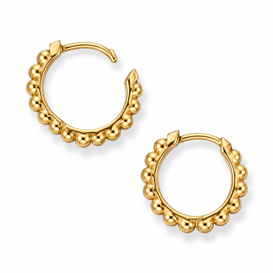 Beaded Hinged Hoop Earrings 14K Gold Plated 925 Sterling Silver 14.5mm