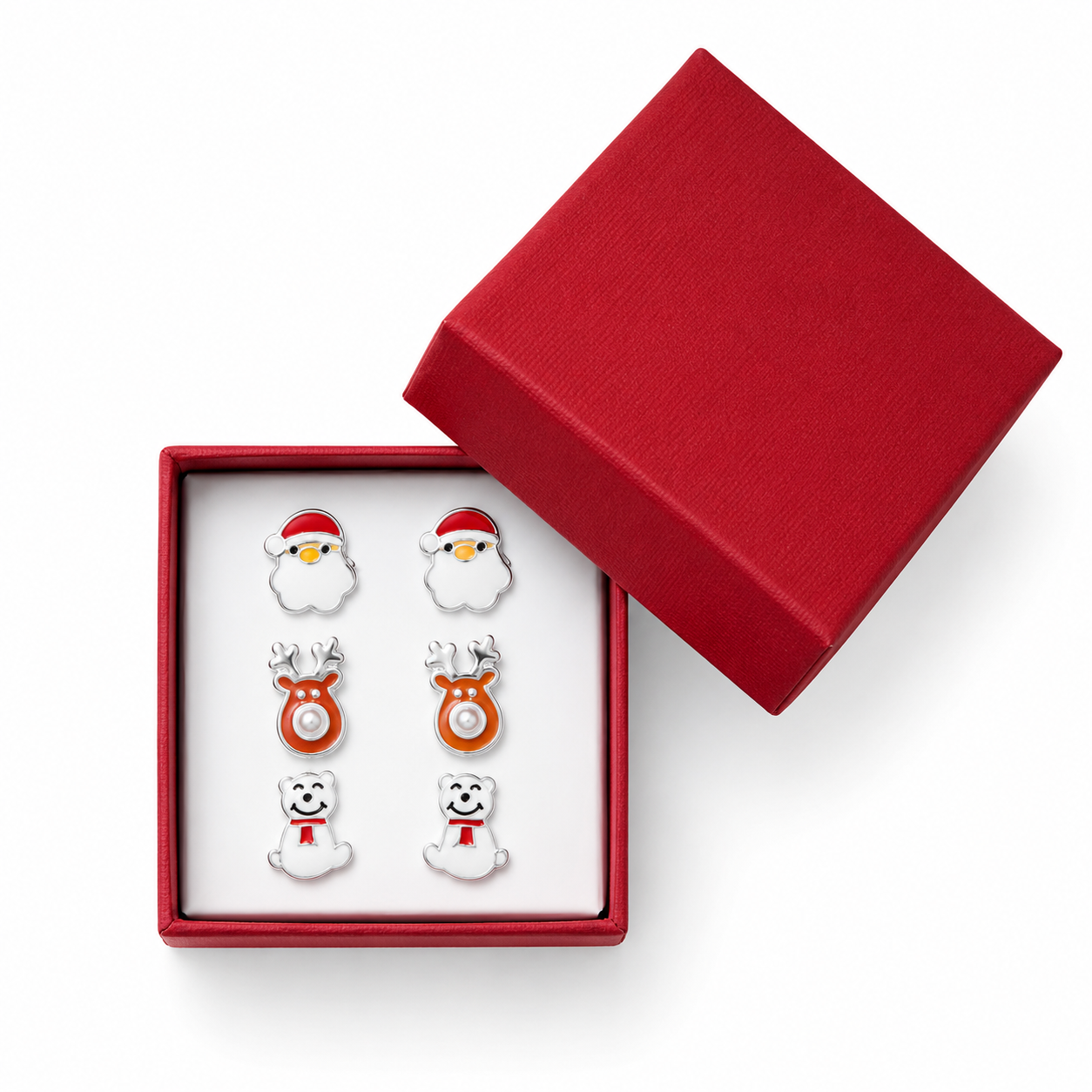Christmas Enamel Studs 925 Sterling Silver Santa Reindeer Polar Bear 3 Pairs