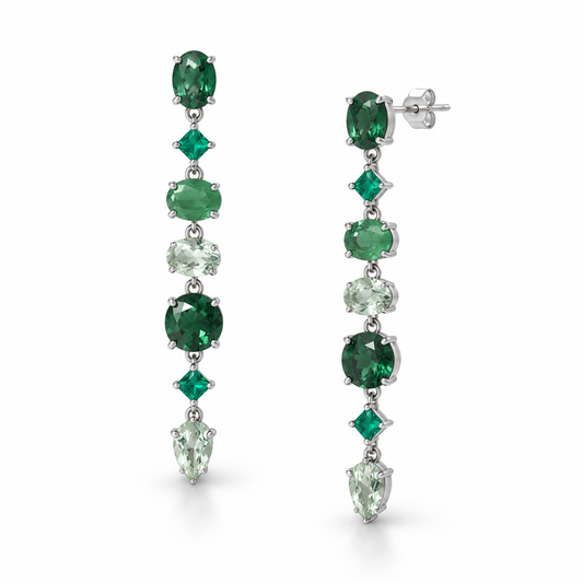 Green Multi Stone Long Drop Earrings Rhodium Plated 925 Sterling Silver 74.7mm