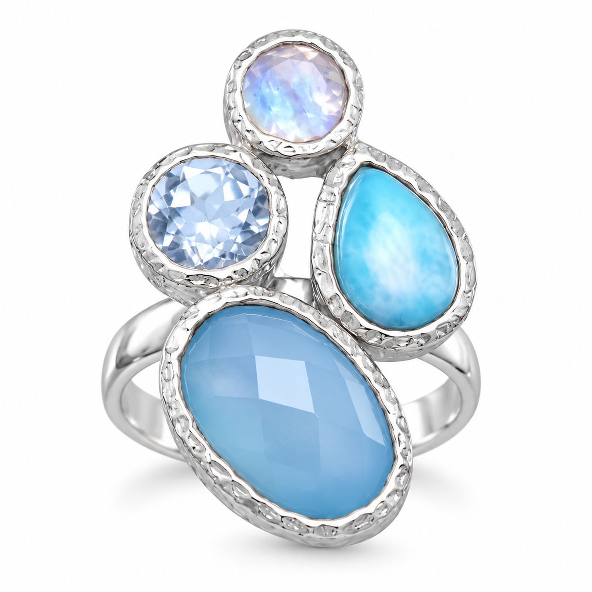 Four Stone Cluster Ring 925 Silver Chalcedony Larimar Topaz Moonstone 3mm