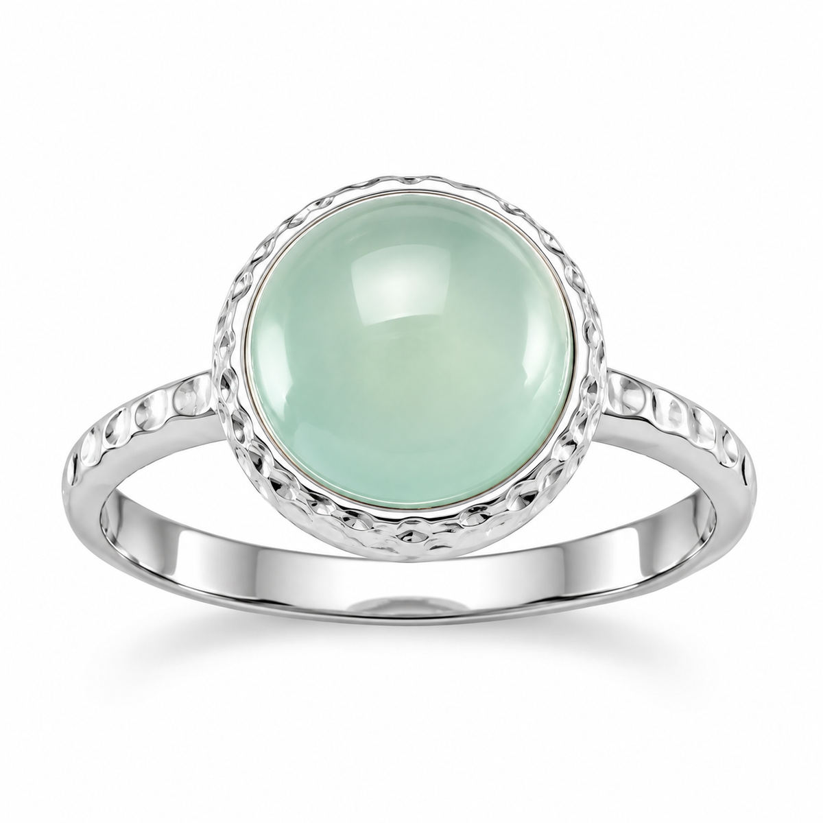 Cabochon Sea Green Chalcedony Ring 925 Sterling Silver 10mm Textured 1mm Band