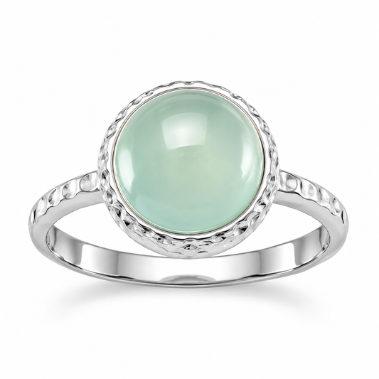 Cabochon Sea Green Chalcedony Ring 925 Sterling Silver 10mm Textured 1mm Band