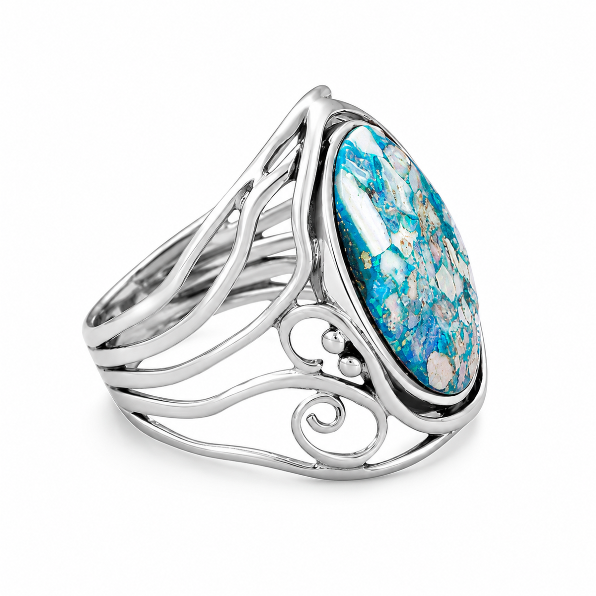 Roman Glass Cutout Swirl Ring Oxidized 925 Silver 17.5x13.5mm Sizes 7-10 w/ CoA