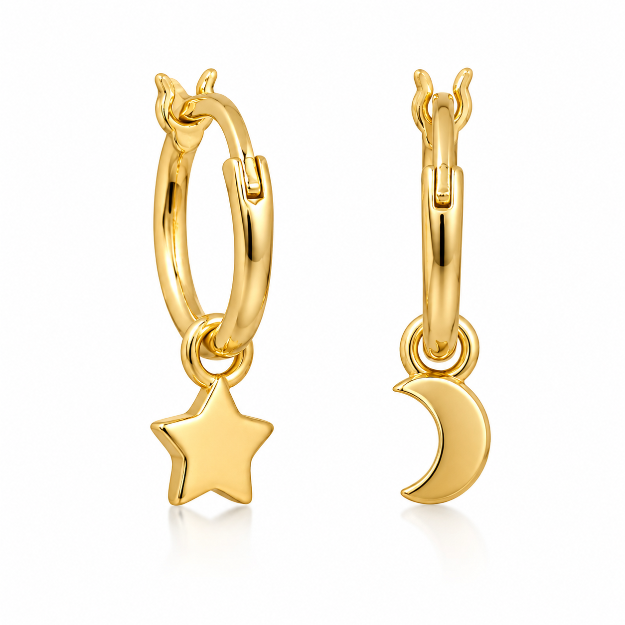 Mismatch Moon Star Charm Hoop Earrings 14K Gold Plated 925 Sterling Silver 11mm