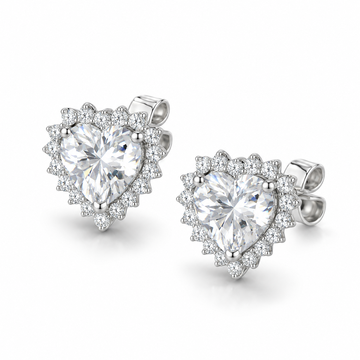 Pavé CZ Heart Halo Stud Earrings Rhodium Plated 925 Sterling Silver 8mm
