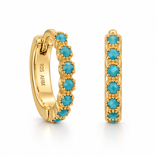 Turquoise CZ Huggie Hoop Earrings 14K Gold Plated 925 Sterling Silver 12mm