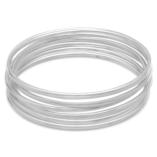 Set of 7 Round Hollow Tube Bangle Bracelets 925 Sterling Silver 2.2mm 66.5mm