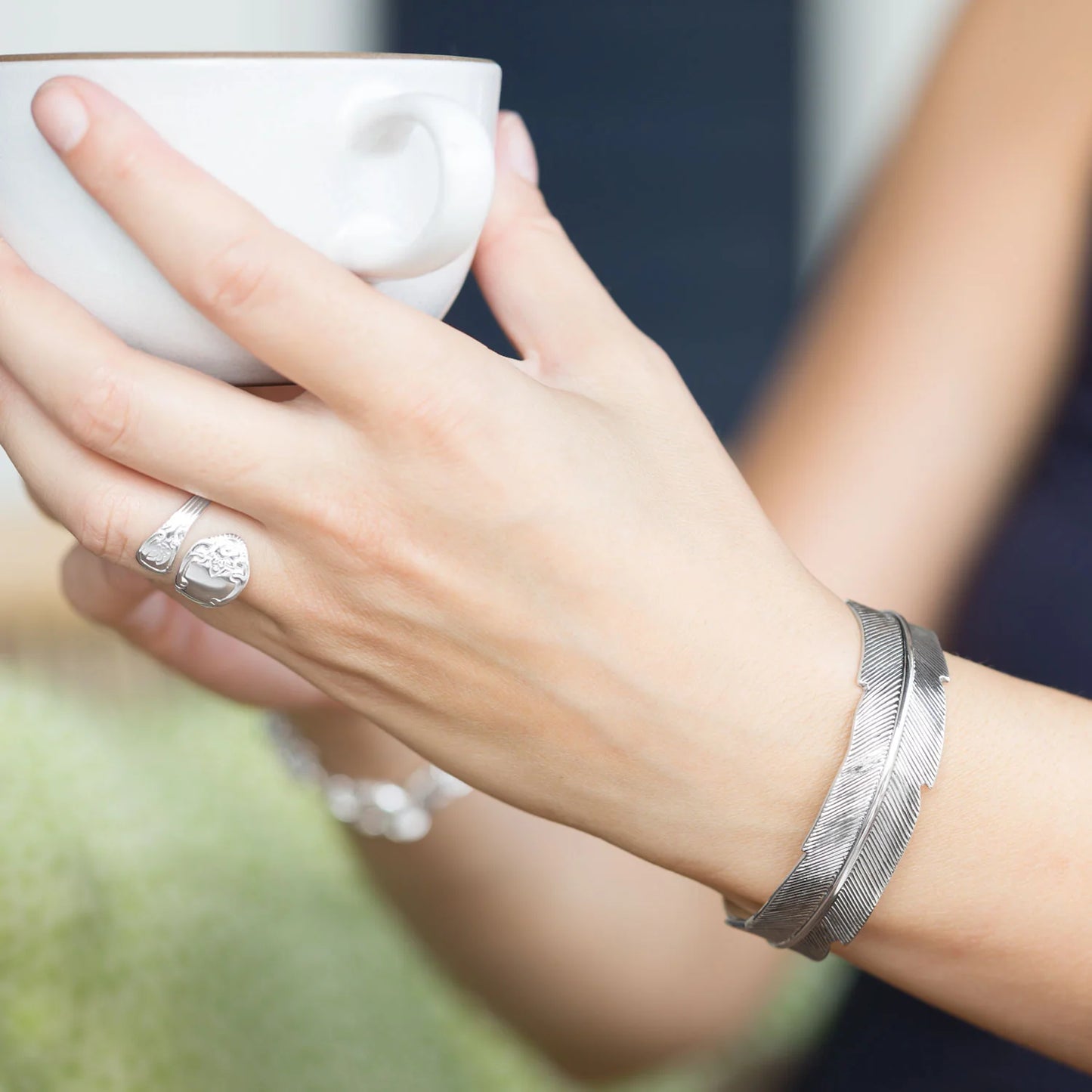 Cuff Bracelet: Oxidized Feather Design