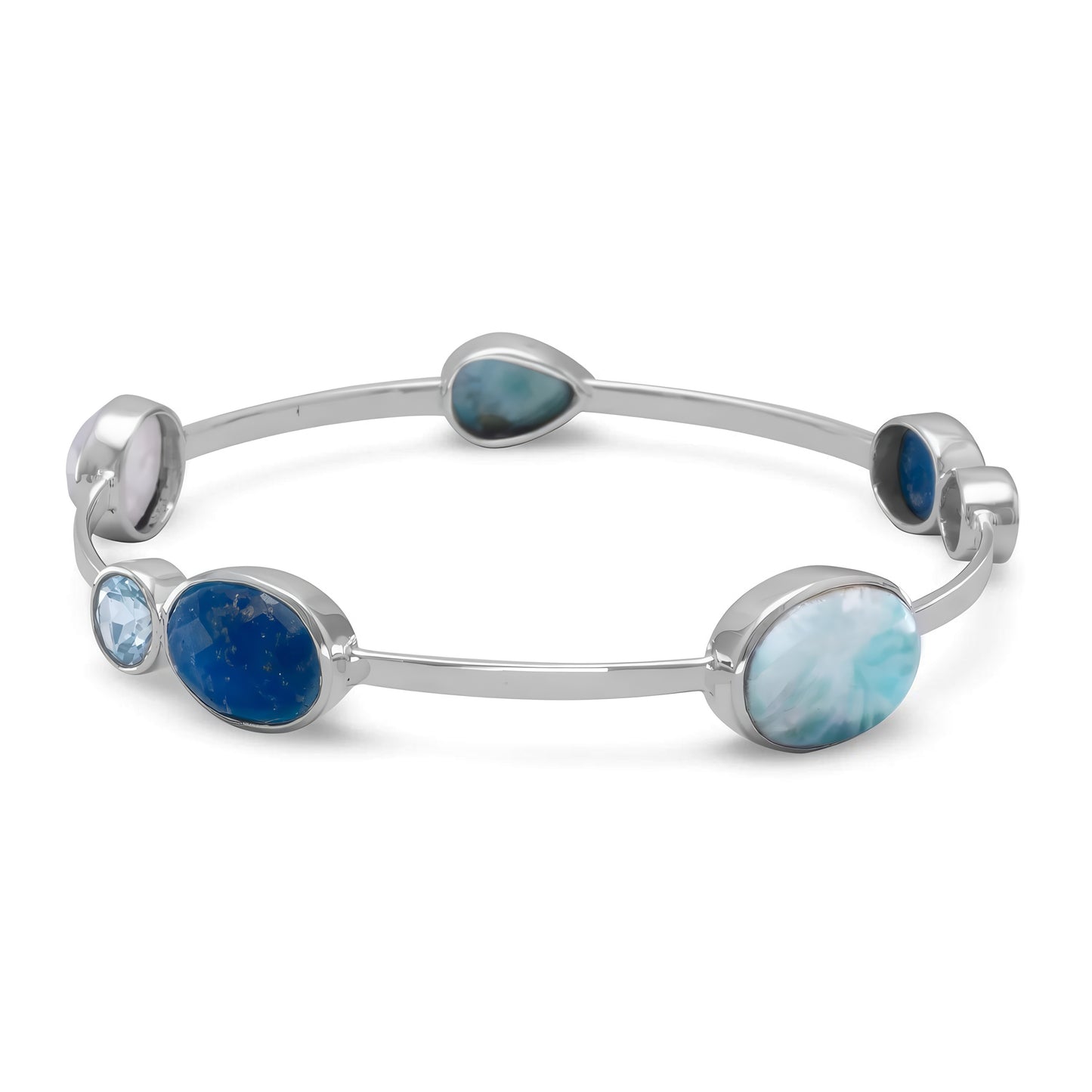 Multi-Stone Bangle Bracelet - Sterling Silver with Topaz Moonstone Larimar Aventurine