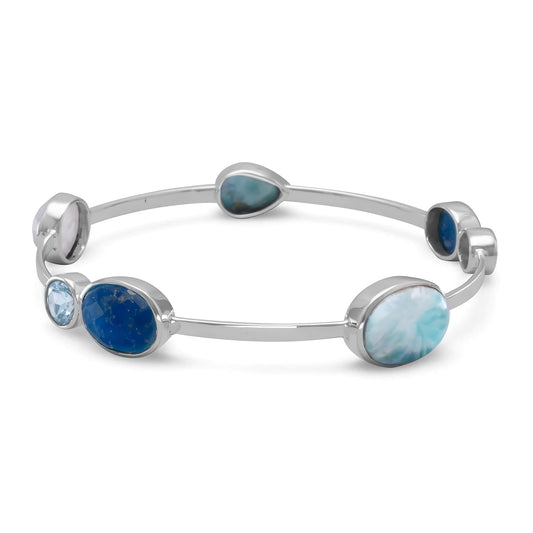 Multi-Stone Bangle Bracelet - Sterling Silver with Topaz Moonstone Larimar Aventurine