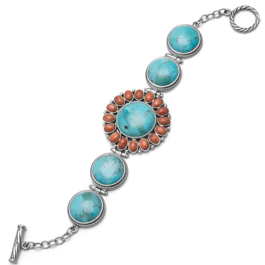 Turquoise and Coral Toggle Bracelet - Sterling Silver Sunburst Design