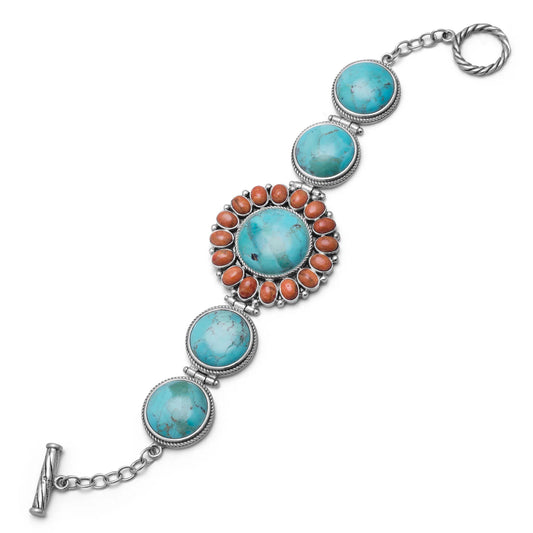 7.5" Sunburst Toggle Bracelet with Reconstituted Turquoise and Coral.