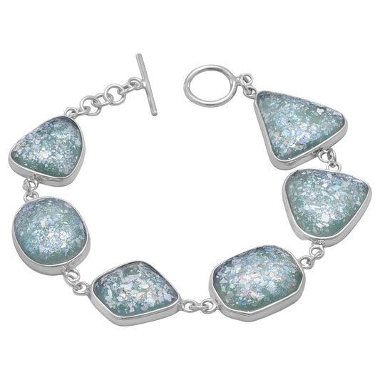 Sterling Silver Roman Glass Toggle Bracelet, 7 Inch, Ancient Multicolor Triangle Oval Stones, 12-17mm