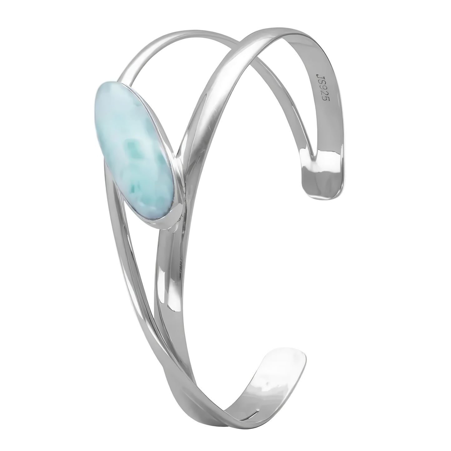Large Oblong Larimar Cuff Bracelet 925 Sterling Silver 11x30mm Open Design