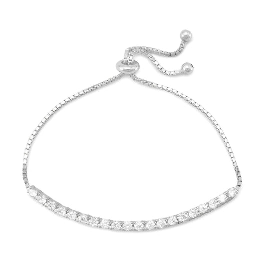 Sterling Silver Rhodium Plated CZ Bar Friendship Bracelet, Adjustable Box Chain with Stopper Bead, 2.75 Inch