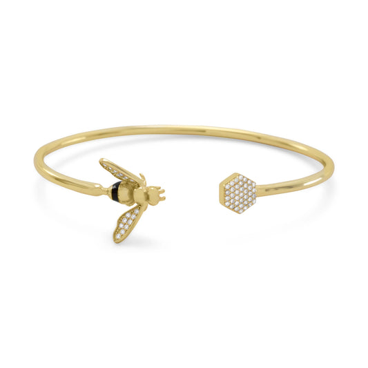14K Gold Plated & Signity CZ Flex Cuff with Bee Design