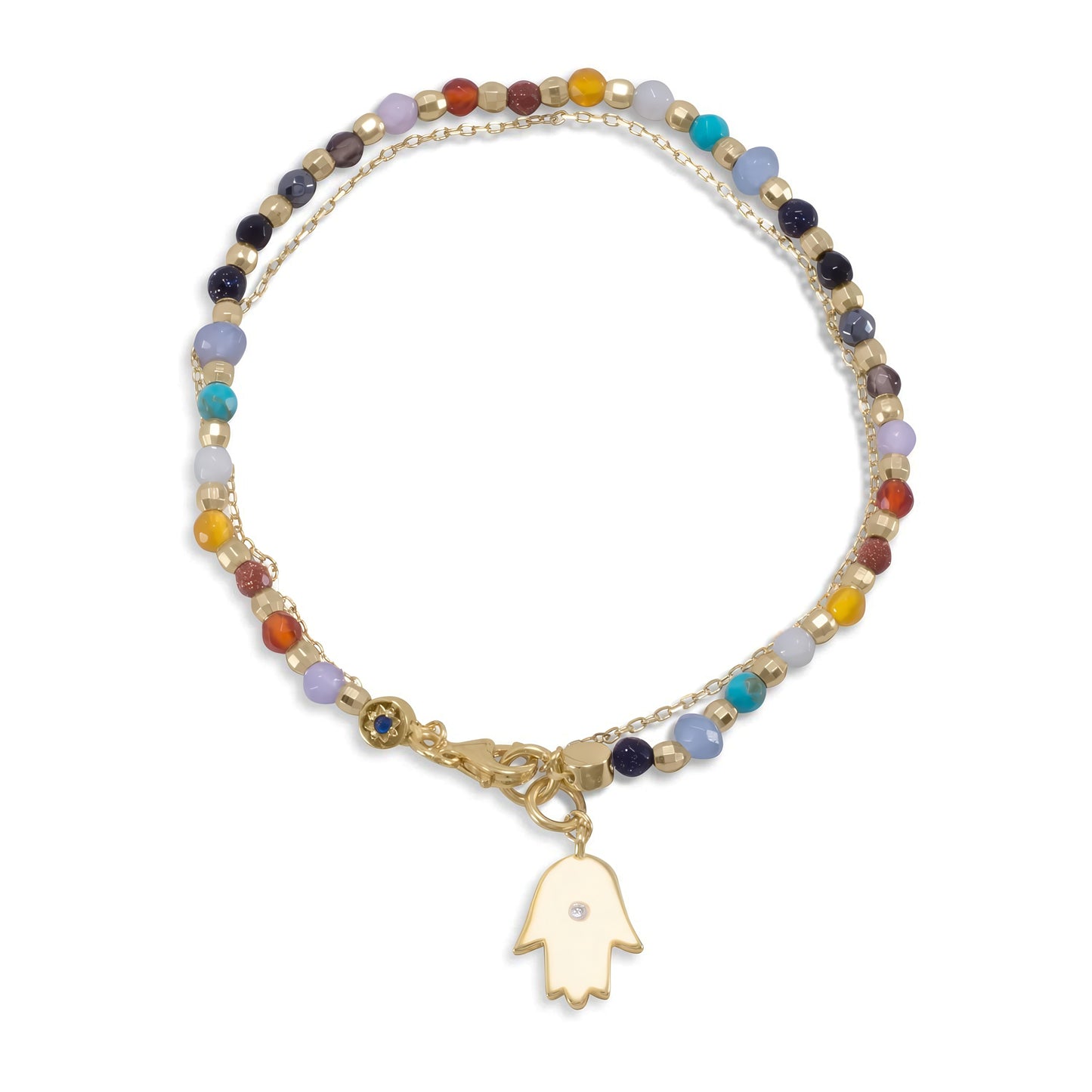 Chakra Stone Hamsa Charm Bracelet 14K Gold Plated 925 Silver Double Strand 7in