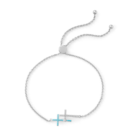 Adjustable Bolo Bracelet with Double Cross Design, Rhodium Plated