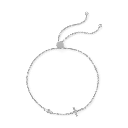 Adjustable Bolo Bracelet with CZ Cross, Rhodium Plated