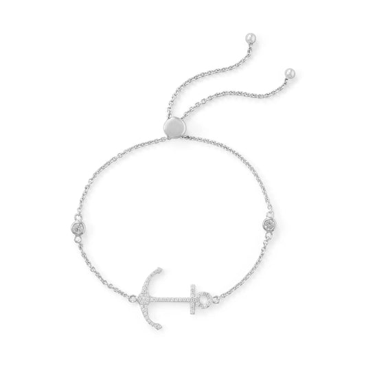 Adjustable Friendship Bolo Bracelet with CZ Anchor and Rhodium Plating