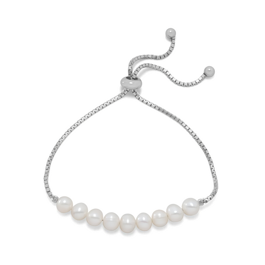 Pearl Bolo Bracelet - Sterling Silver Rhodium Plated Adjustable Design