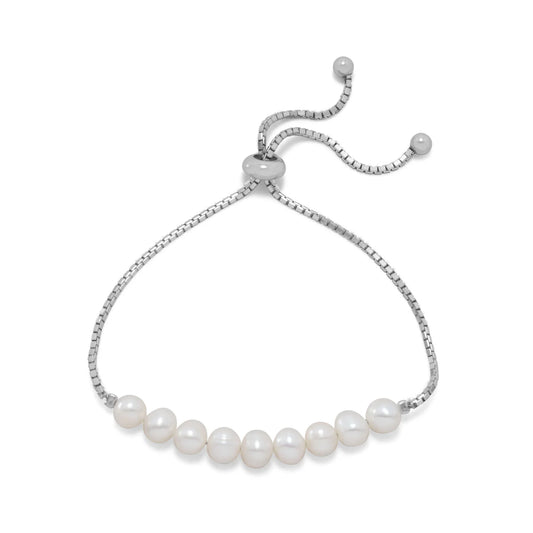 Adjustable Rhodium Plated Cultured Freshwater Pearl Bracelet