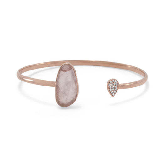 14K Rose Gold Plated Rose Quartz & CZ Cuff Bracelet