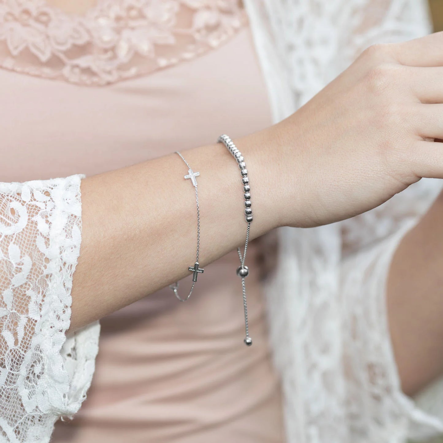 Adjustable Rhodium Plated Bolo Bracelet with Round Beads