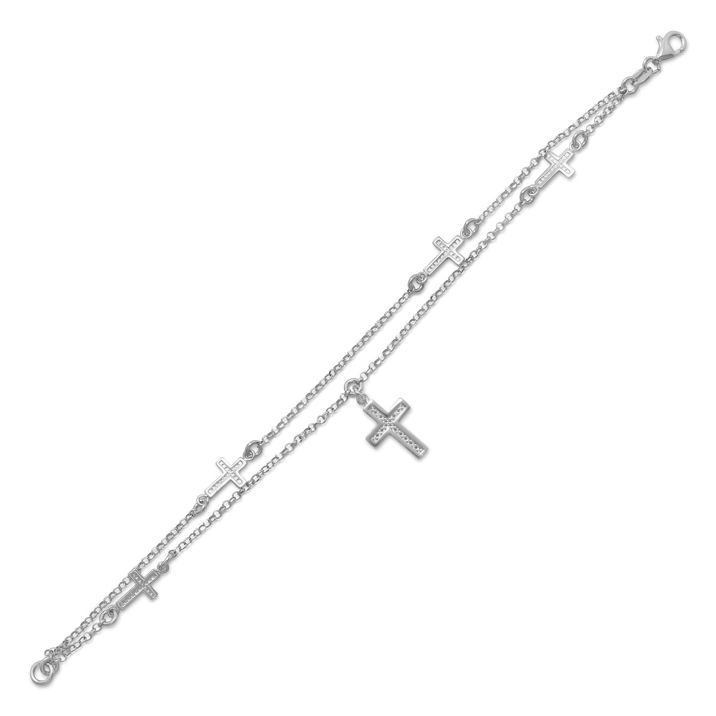 Double Strand Cross Charm Bracelet Rhodium Plated 925 Silver Italy 7.5in