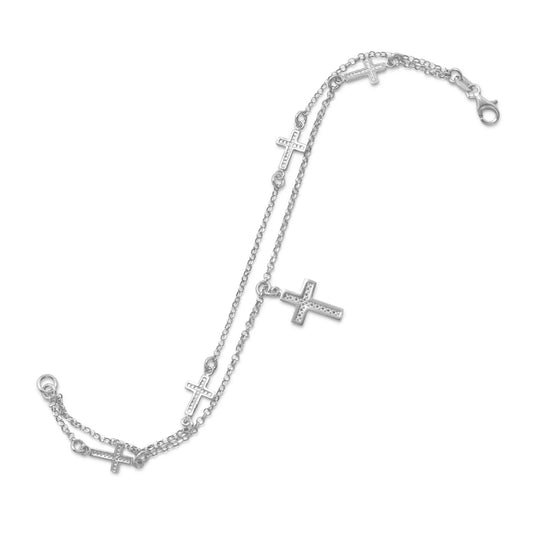 Rhodium Cross Charm Bracelet - Double Strand
