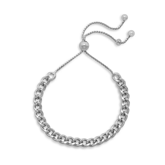 Adjustable Rhodium Plated Bolo Bracelet With Curb Chain