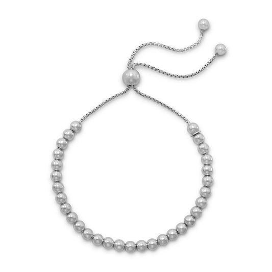 Adjustable Rhodium Plated Bolo Bracelet with Round Beads