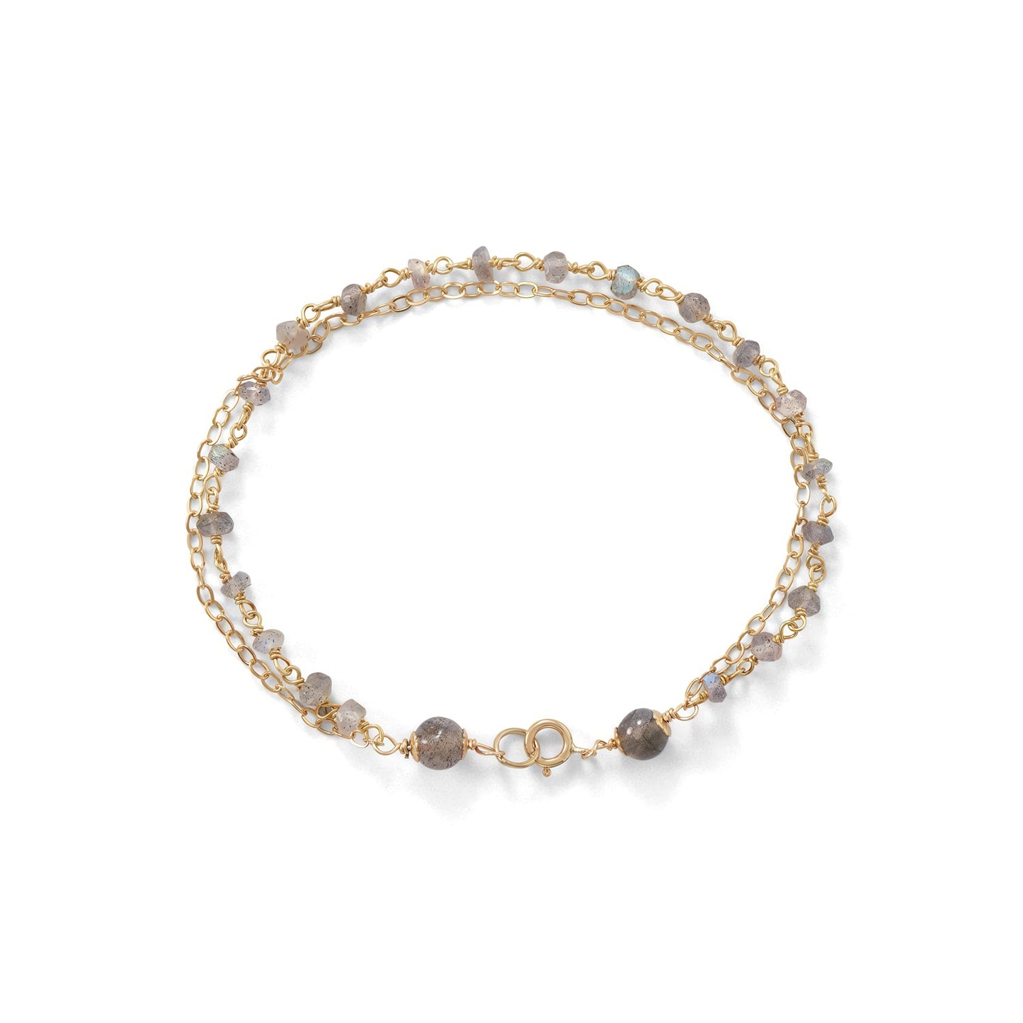 Double Strand Labradorite Bracelet 14K Gold Filled 925 Silver Spring Ring 7.25in