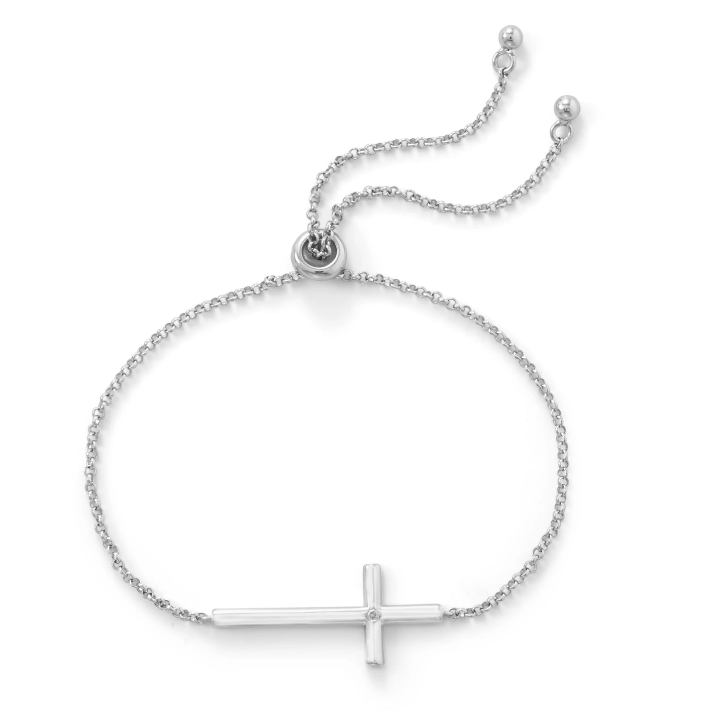 Sideways Cross Diamond Bolo Bracelet Rhodium Plated 925 Silver Adjustable 9.5in