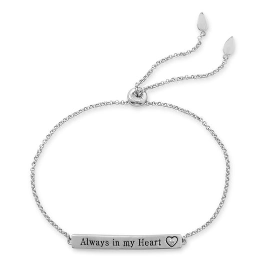 Adjustable "Always in my Heart" Bar Bolo Bracelet with Diamond, Rhodium Plated