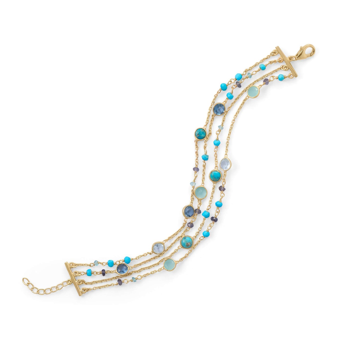 Blue Multi Gemstone Bracelet 14K Gold Plated 925 Silver Turquoise Apatite 7"+1"
