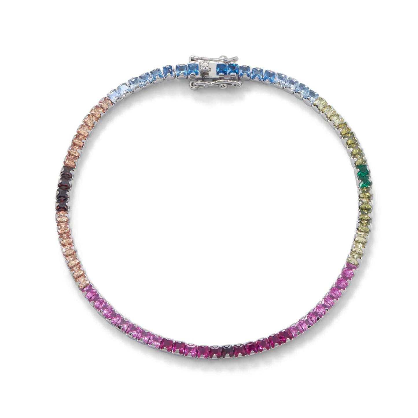 Sterling Silver Rainbow Tennis Bracelet, Rhodium Plated CZ Stones, 7 Inch Length
