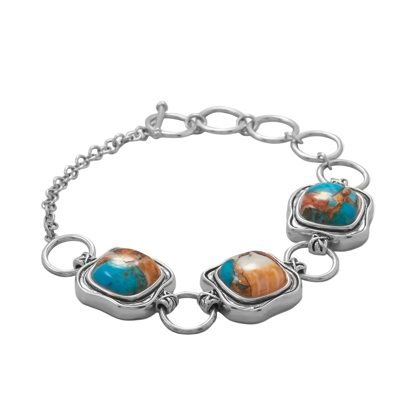 Spiny Oyster Turquoise Toggle Bracelet 925 Silver Cushion Cut 13mm 6.5-8.5in