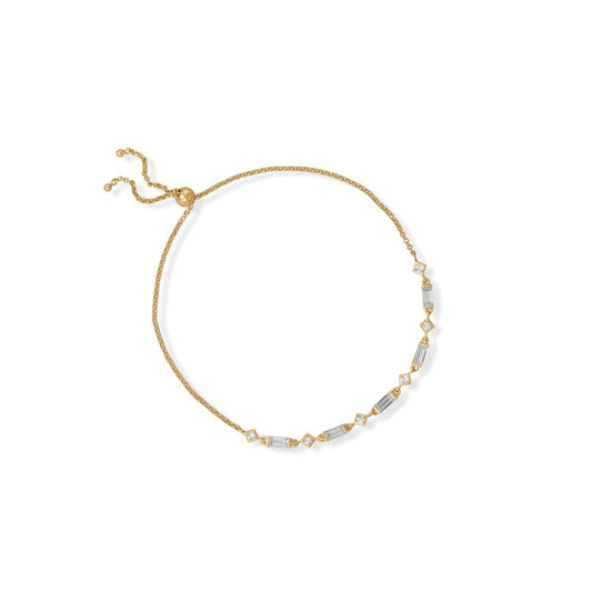 14K Gold Plated Sterling Silver Bolo Bracelet with White CZ Baguettes, Adjustable to 11 Inches