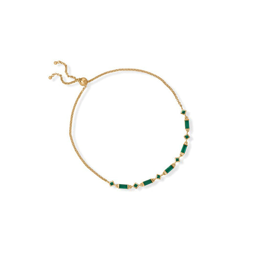 14 Karat Gold Plated Sterling Silver Bolo Bracelet, Emerald Green CZ Baguette, Adjustable to 11 Inches