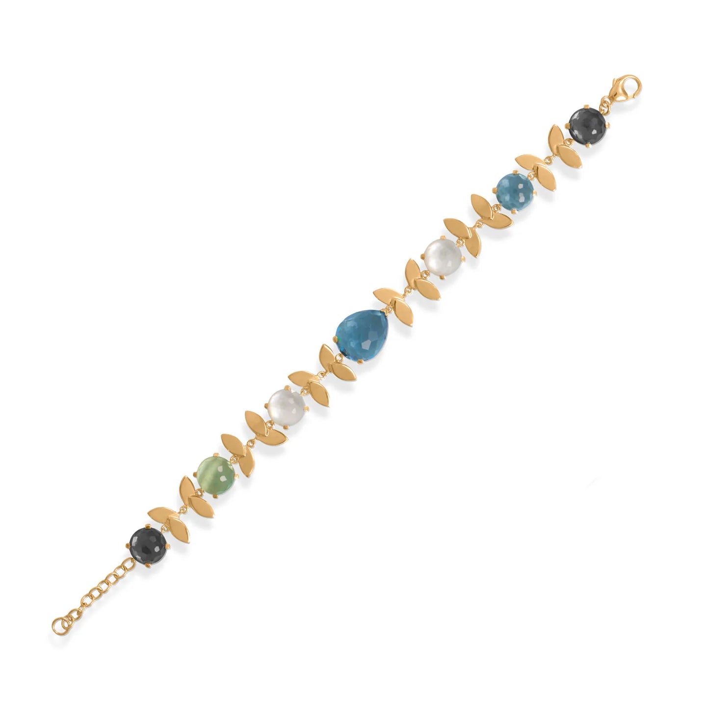 6.5" + 1" 14K Gold Plated Multi Stone Bracelet with Lovely Leaves!