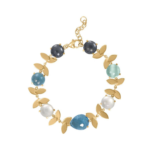 6.5" + 1" 14K Gold Plated Multi Stone Bracelet with Lovely Leaves!