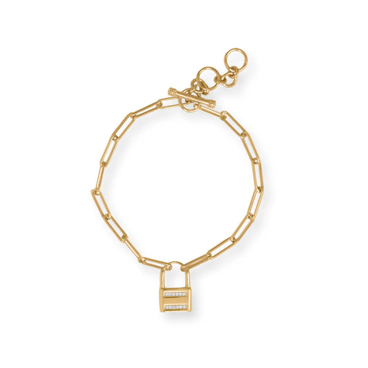 Gold Plated Toggle Bracelet with CZ Lock - 7.5"