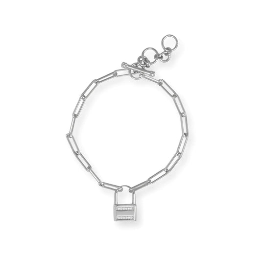 Sterling Silver Rhodium Plated CZ Lock Toggle Bracelet, Paper Clip Chain, 6.5-7.5 Inch, Adjustable Length